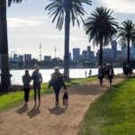 People walking by albert park lake in Melbourne in winter